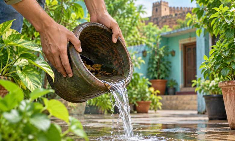 Illustration of emptying standing water to prevent mosquitoes