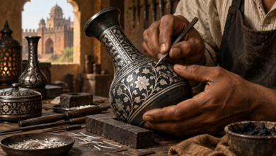 Illustration of a craftsperson working on Bidriware