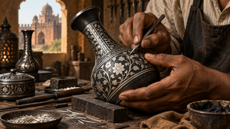 Illustration of a craftsperson working on Bidriware