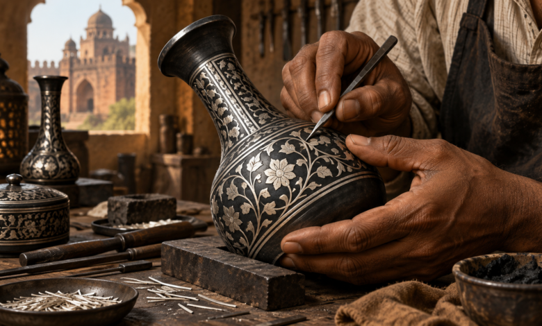 Illustration of a craftsperson working on Bidriware