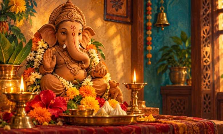 Illustration of Ganesh Chaturthi home decorations